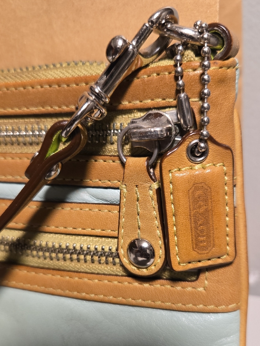 COACH Two-Tone Leather Wristlet- Blue, Green and Tan - Picture 3 of 11